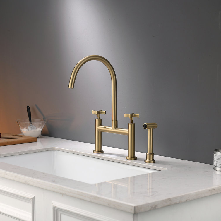 Felixbath 3 Holes Two Handle Bridge Kitchen Sink Faucet With Pull Down